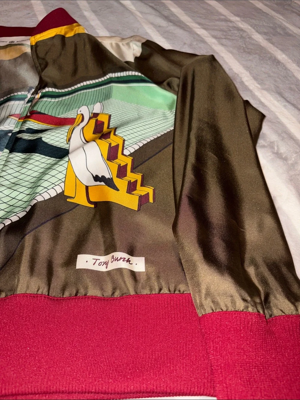 Tory Burch Olive and Maroon Graphic Bomber Jacket with Yellow Accents
